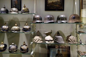 Collection of German First World War One helmets in the Memorial Museum Passchendaele 1917 at Zonnebeke