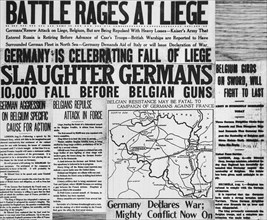 WWI newspaper article with propaganda in English paper reporting news about the First World War One front in Belgium