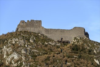 Ruins of the medieval Chateau de Montsegur castle on hilltop
