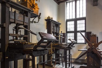 Print shop showing two oldest printing presses in the world from 1600 in the Plantin-Moretus Museum
