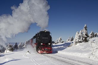 Steam train riding the Brocken Narrow Gauge railway line in the snow in winter at the Harz National park