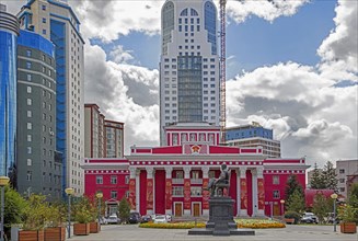 State Academic Theatre of Drama and statue of Yumjaagiin Tsedenbal in the capital city Ulaanbaatar
