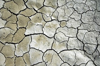 Abstract pattern of dry cracked clay mud in dried up lake bed caused by prolonged drought in summer in hot weather temperatures