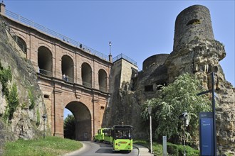 Tourist train Petrusse Express rides under the viaduct Schloss Erbaut Bruecke at Luxembourg