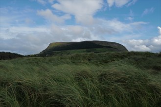 The mountain known as Knocnarea on a lovely day in August as seen from grassy seaside dunes. Strandhill
