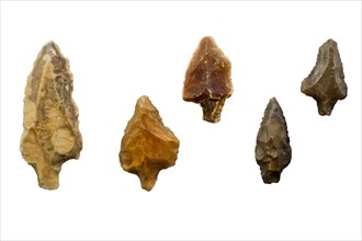 Collection of Paleolithic tanged points made of flint from the Pleistocene