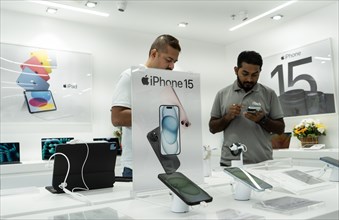 Apple iPhone 15 series smartphones displayed in an Apple authorised reseller store iTech during the devices first day of sale in Guwahati