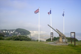 Memorial with 100mm-guns from the French armoured cargo ship P21 Le Cerons on cliff top at Veules-les-Roses
