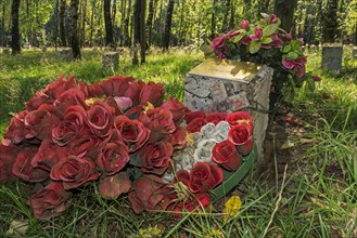 Flowers at commemoration stone for fallen American soldier at Bois de la Paix