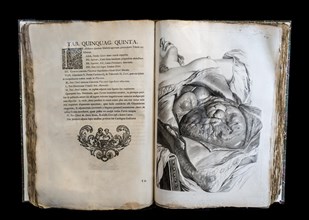 Antique open anatomy book Anatomia Corporum Humanorum Centum et Viginti Tabulis by William Cowper