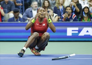 Tennisspielerin Coco Gauff USA feiert ihren Sieg bei den US Open 2023