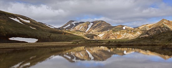 Lake and sulphur coloured rhyolite mountains at Brennisteinsalda volcano near Landmannalaugar