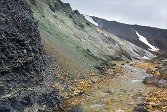 Green copper exposed in the Graenagil canyon at Landmannalaugar in the Fjallabak Nature Reserve