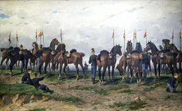Painting showing late 19th century battlefield with Belgian lancers