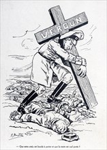 WW1 drawing by illustrator Gaston Bonfils showing German officer carrying cross over dead bodies of fallen soldiers at the Verdun battlefield