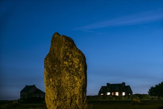 Megalithic standing stone at the Alignements de Lagatjar at night