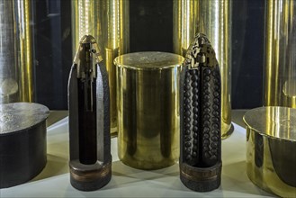 Sectioned First World War One artillery ammunition in the Memorial Museum Passchendaele 1917 at Zonnebeke