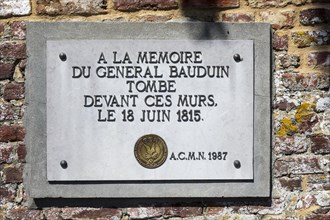 Memorial plaque for the French general Bauduin who fell in front of the garden wall of the Chateau d'Hougoumont