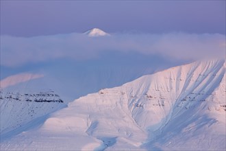 Snow covered mountain peak partially hidden by cloud at sunset at Billefjorden