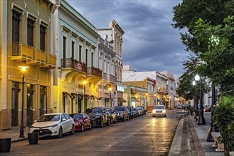 Buildings in Spanish colonial style in the Historic Zone of the city Ponce at night