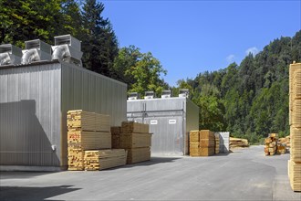 Stacks of wooden beams and boards in front of a timber drying plant in a sawmill