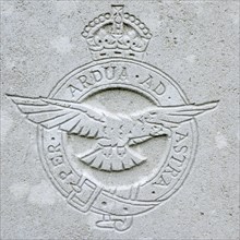 Royal Flying Corps regimental badge on headstone at Cemetery of the Commonwealth War Graves Commission for First World War One British soldiers