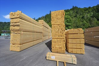 Stacks of beams and boards in a sawmill
