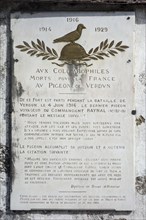 Commemoration plaque for homing pigeon at the First World War One Fort de Vaux at Vaux-Devant-Damloup