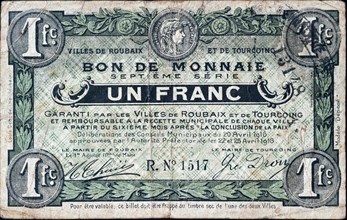French banknote Bon de Monnaie Un Franc of the cities Ville de Roubaix et de Tourcoing from 1916 during the First World War One