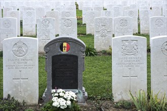 First World War One grave of Belgian soldier among British soldiers at the Etaples Military Cemetery