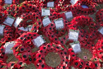 British poppy wreaths at First World War One monument at WWI battlefield of the Battle of the Somme