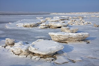 Ice floes in frozen mudflats in winter at the Wadden Sea National Park