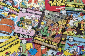 Collection of colourful covers of the Flemish comic strips Jommeke by the Belgian comic book creator