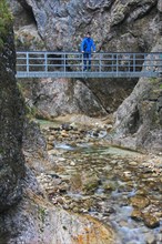 Tourist on footbridge over the river Almbach running through the Almbachklamm canyon in the Berchtesgaden Alps