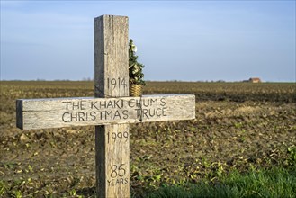 World War One Khaki Chums Cross monument to Christmas Truce football match played between English and German troops in the No Man s Land of Ploegsteert