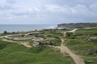 Second World War Two site with bombed WW2 bunkers at the Pointe du Hoc
