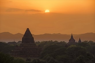 Buddhist temples and pagodas at sunset in the ancient city Bagan