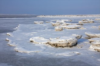 Ice floes in frozen mudflats in winter at the Wadden Sea National Park