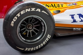 Close-up of Bridgestone Potenza F1 rear racing slick tyre