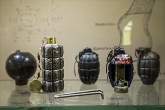 Collection of hand grenades of the First World War One in the Memorial Museum Passchendaele 1917 at Zonnebeke