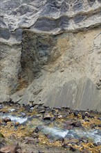 Pitchstone and copper exposed in the Graenagil canyon at Landmannalaugar in the Fjallabak Nature Reserve