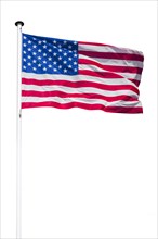 American flag showing US Stars and Stripes blowing in the wind against white background