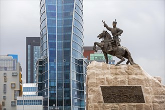 Blue Sky Tower and statue of Damdin Suekhbaatar on the Sukhbaatar Square