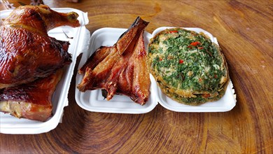 Trei ngeat or sweet dried fish and pong mouan snol or pork omelet