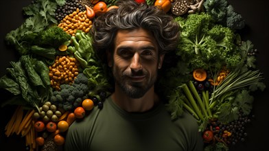 Healthy man with beard surrounded by and partially made of fruits and vegetables