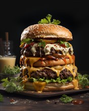 Fresh cooked delicious giant double cheeseburger with all the fixings. generative AI
