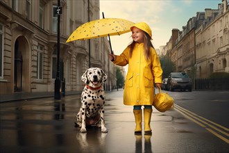 Three years old girl wearing a yellow raincoat and umbrella standing near a dalmatian dog in an urban environment