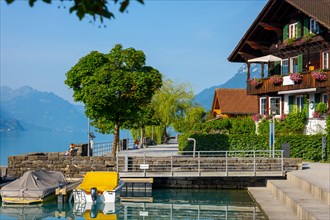 Town of Brienz and View over Lake Brienz with Mountain and Sunlight in Brienz