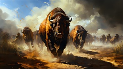 Paintings of American hunters pursuing a herd of bison to shoot them