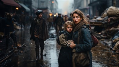 Frightened mother and young child daughter running in the streets of their war ravaged city. generative AI